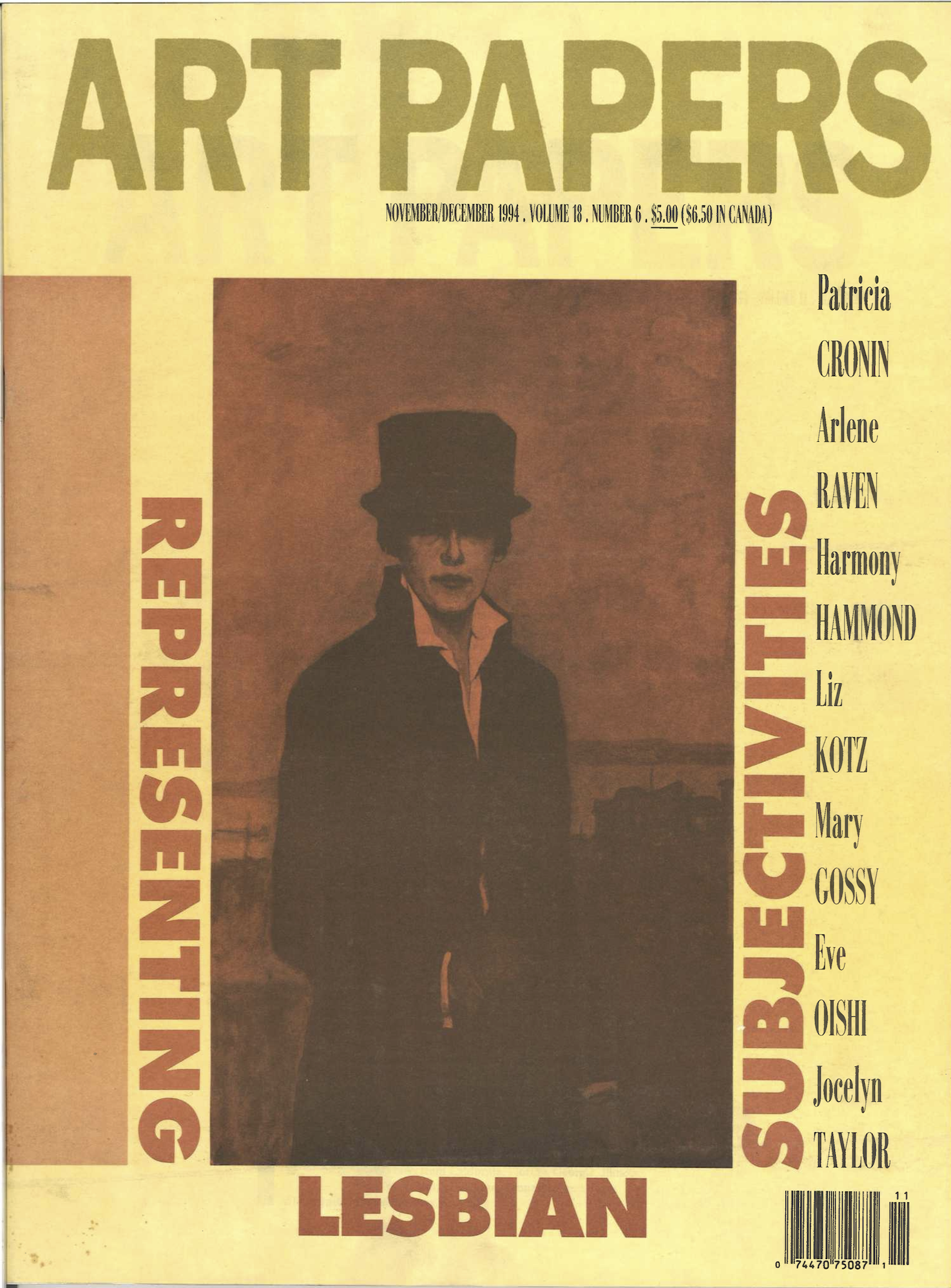 Image of the yellow cover of the Art Papers issue titled Representing Lesbian Subjectivities.