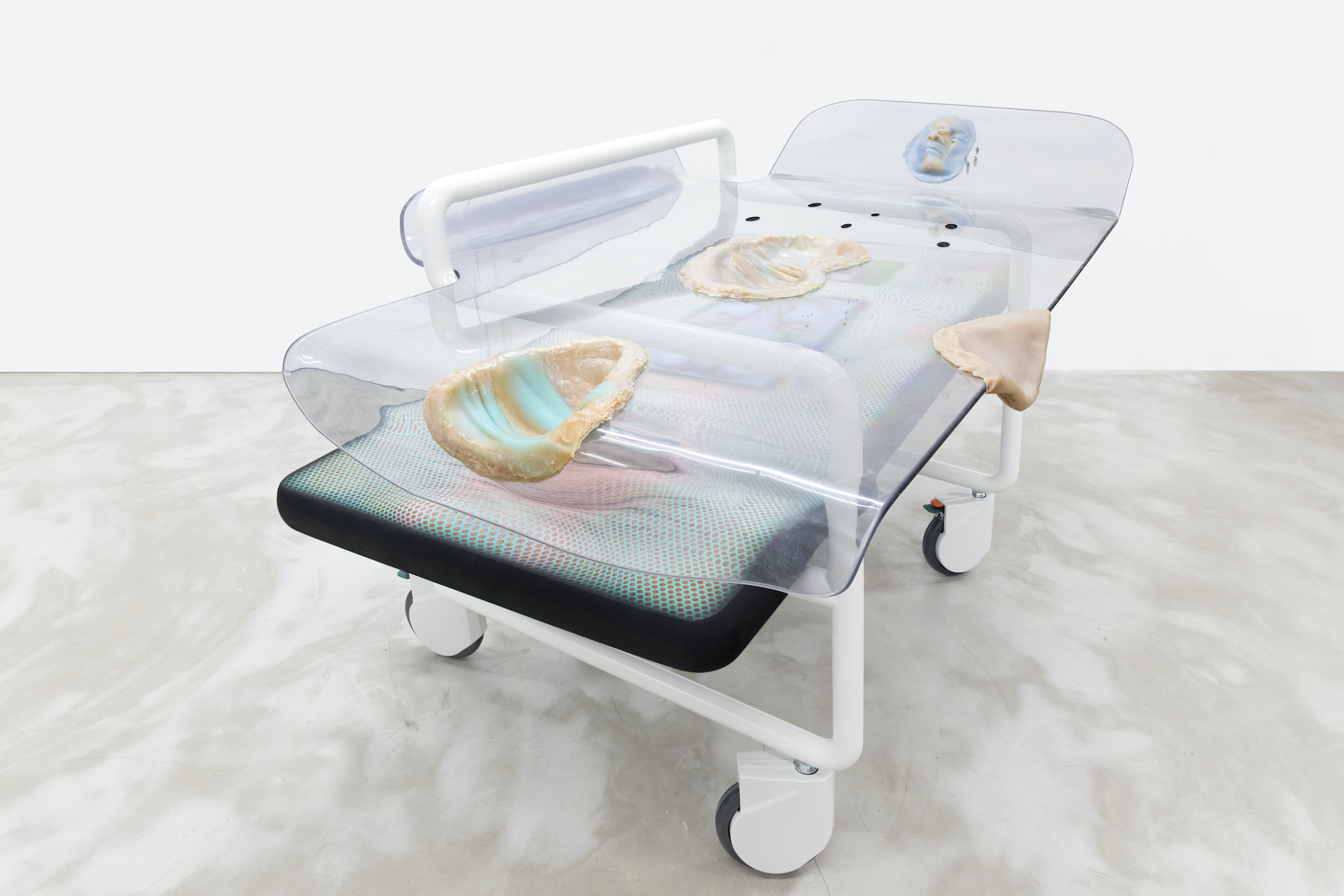 A clear medical bed with silicone imprints of.indentations left from what might be hands, face and crotch are imbedded into clear plexiglass.