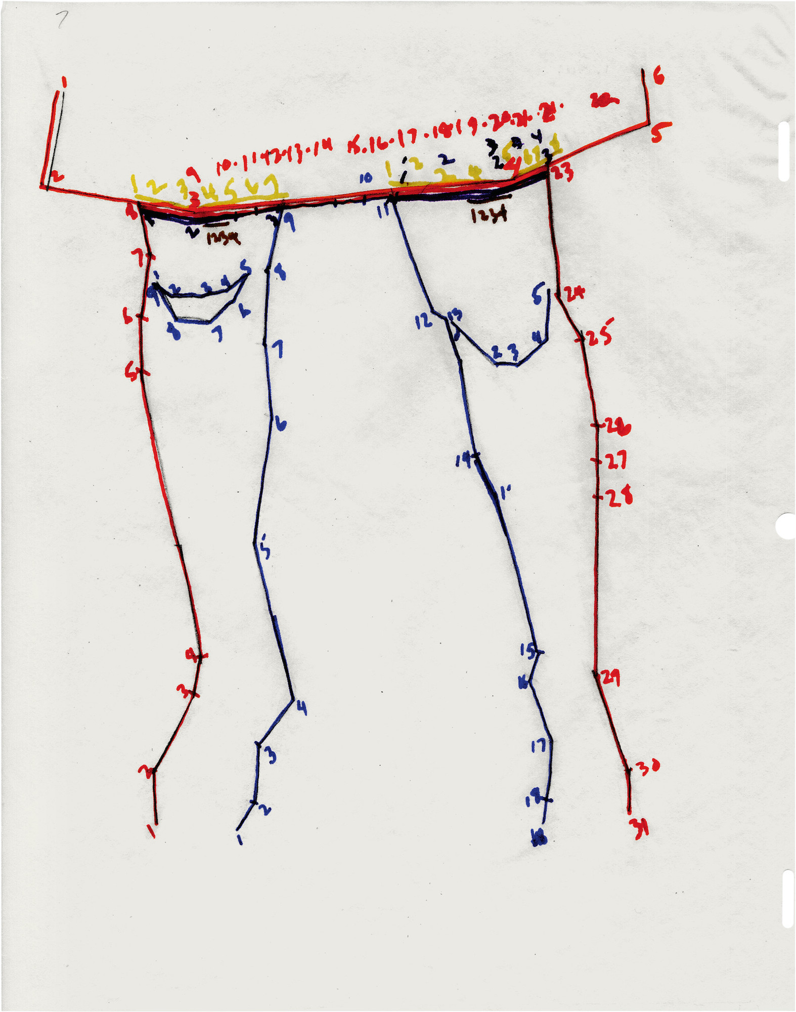 A drawing in multiple colored lines resembling a connect the dots puzzle with numbers strewn about sits atop tracing paper.