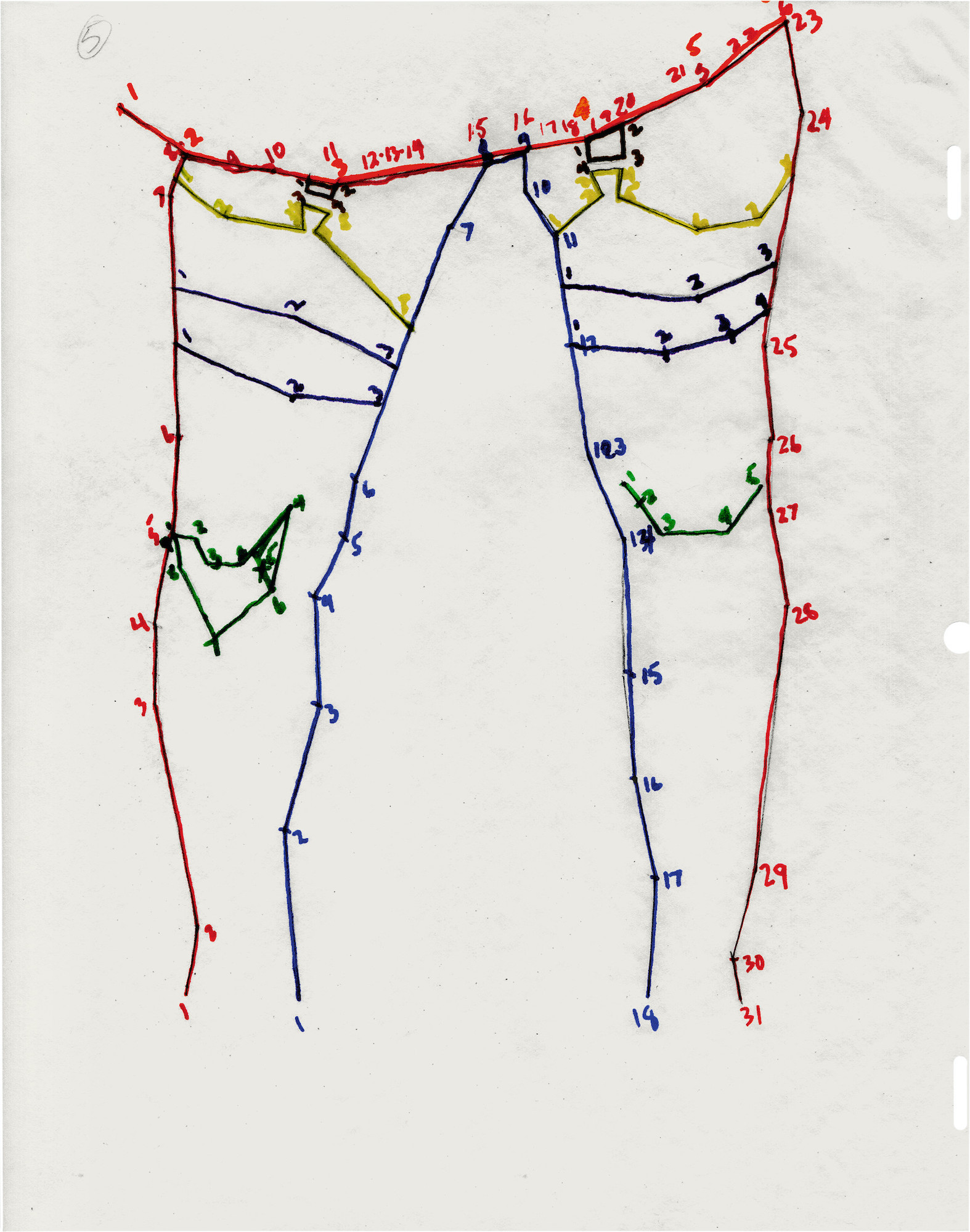 A drawing in multiple colored lines resembling a connect the dots puzzle with numbers strewn about sits atop tracing paper.