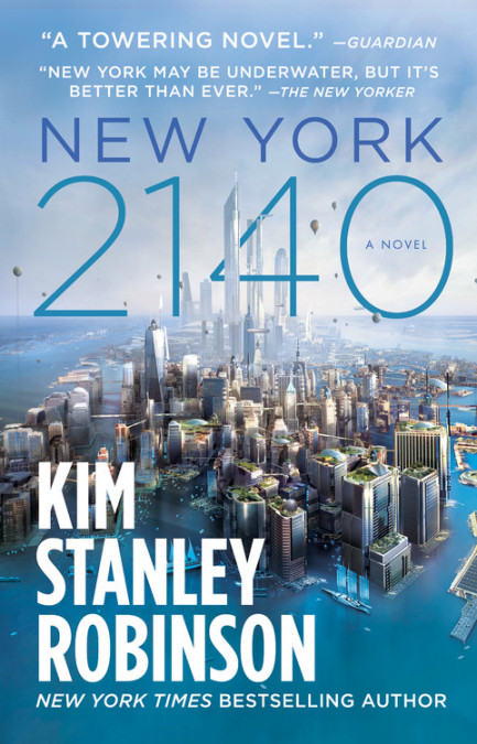 A futuristic rendition of New York that has been flooded and the title and author's name appear on the cover of this book.