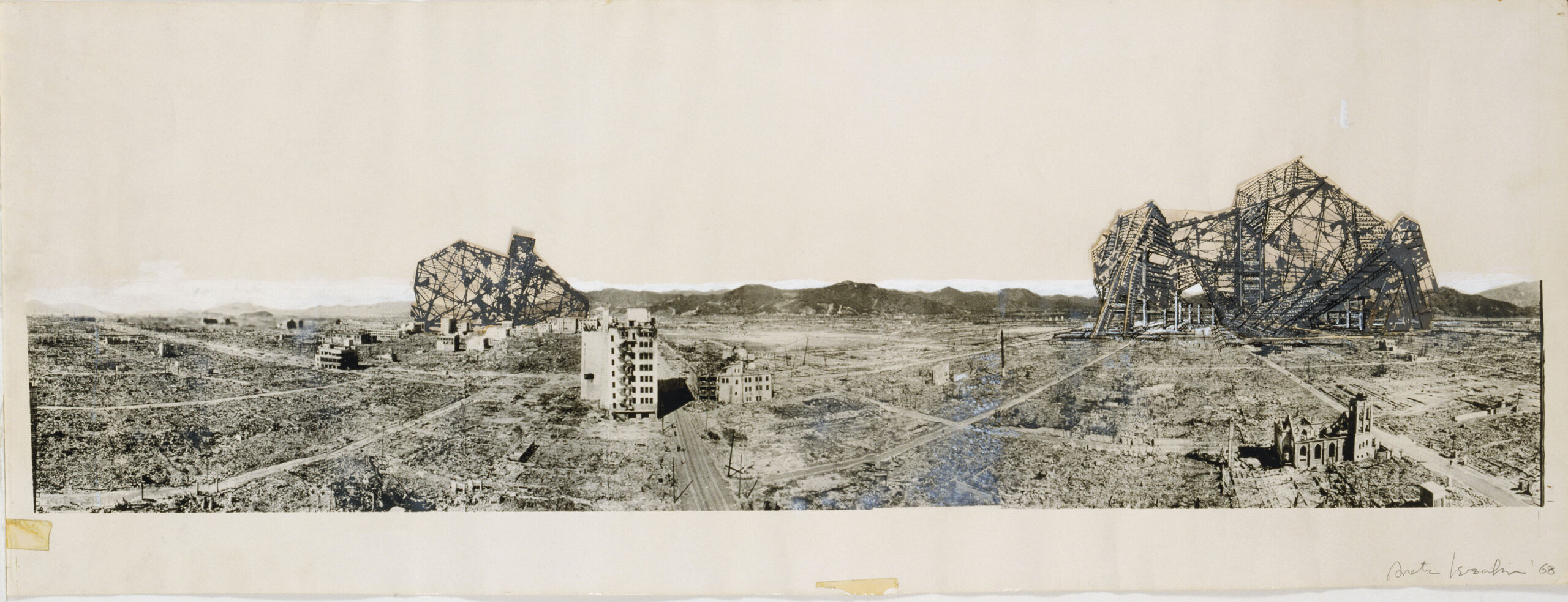 A black and white photomontage depicts a desolated Hiroshima in with but a couple of structures the artist has collaged together, breaking up the ruined cityscape rubble.