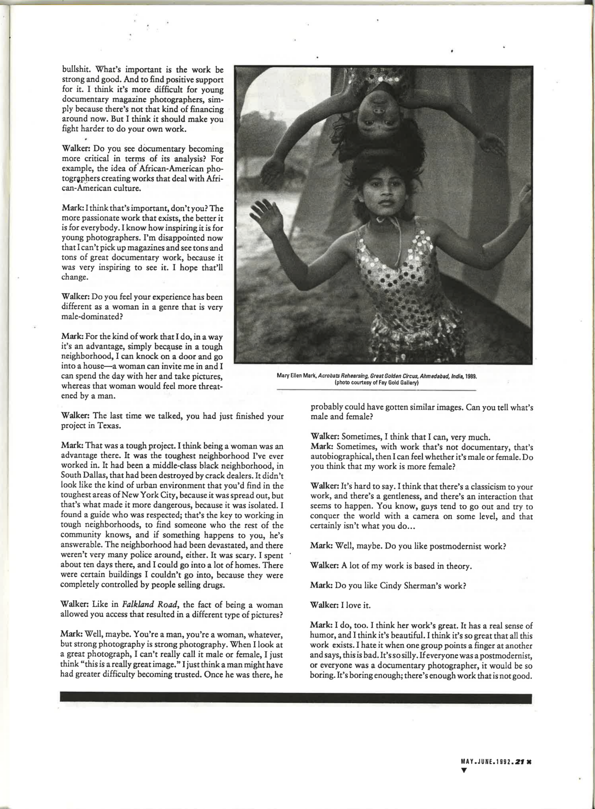 A black and white scan of the May/June 1992 edition of Art Papers featuring a black and white image at the top right of the page.