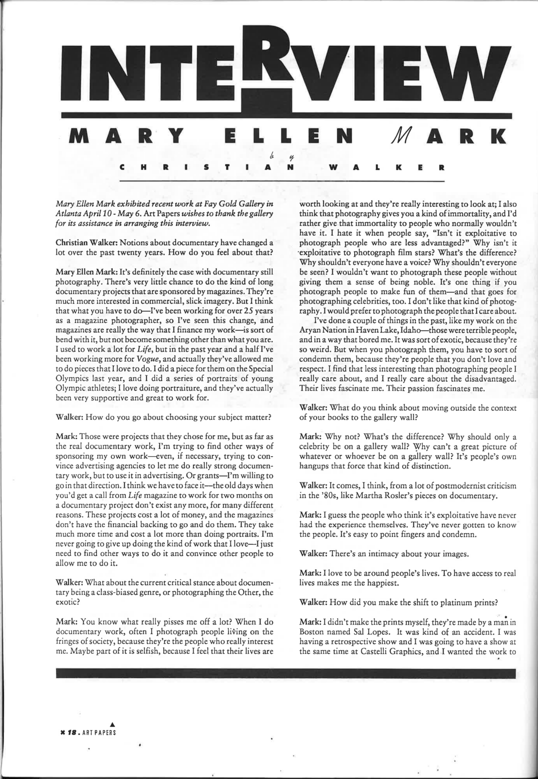 A black and white scan of the May/June 1992 edition of Art Papers featuring an Interview with Mary Ellen Mark by Christian Walker.