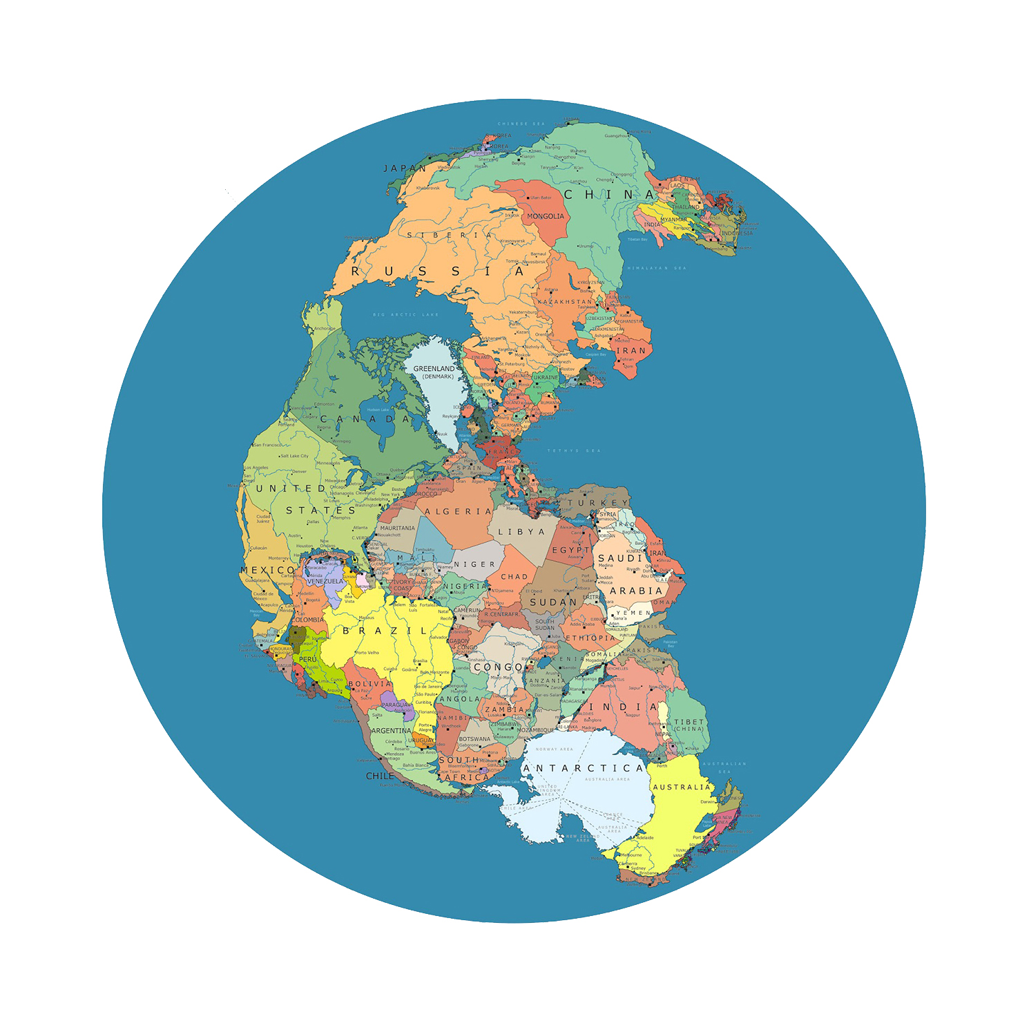 Digital artwork of earth, with a teal background and the countries shaded in color.