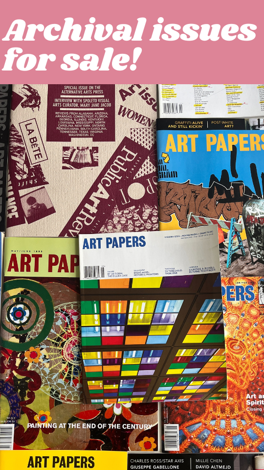 Vertical poster with pink upper border, and colorful collage of magazine issues.
