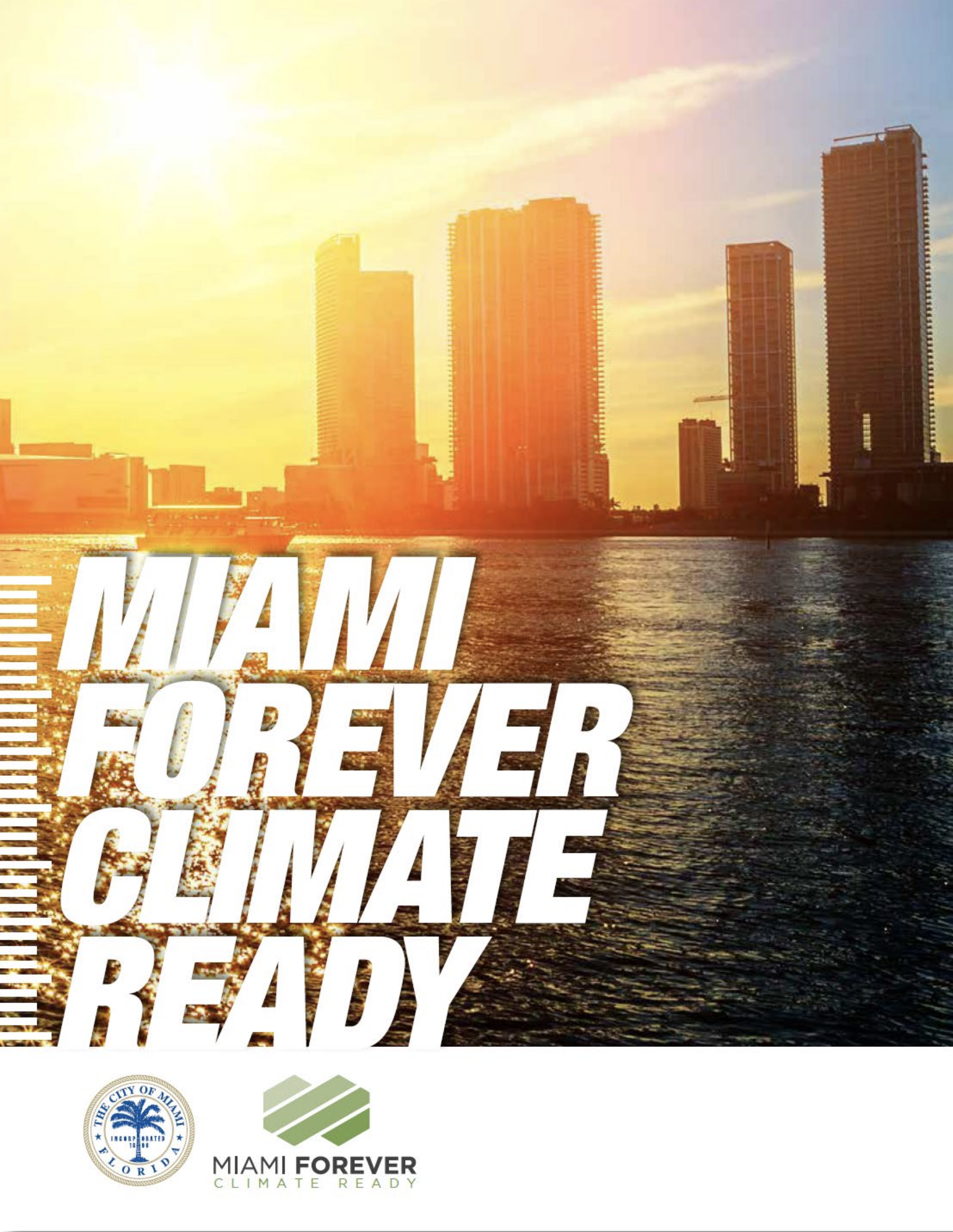 A sunset in the distance of Miami reflects off calm waters with text in the foreground reading, 