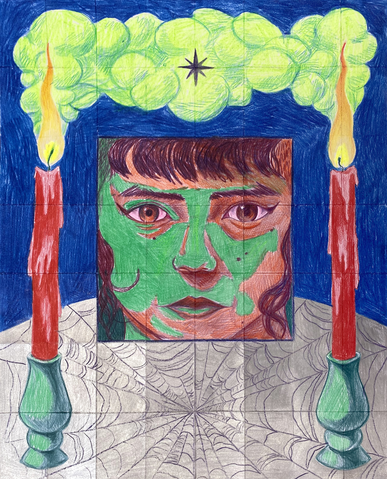 Against a dark blue background, a spiderweb covers the bottom half of the drawing with two green candlesticks holding red candles burn and emit green smoke with a black star in the middle of it. At the very center of the paper a face is drawn and colored in under dramatic lighting.